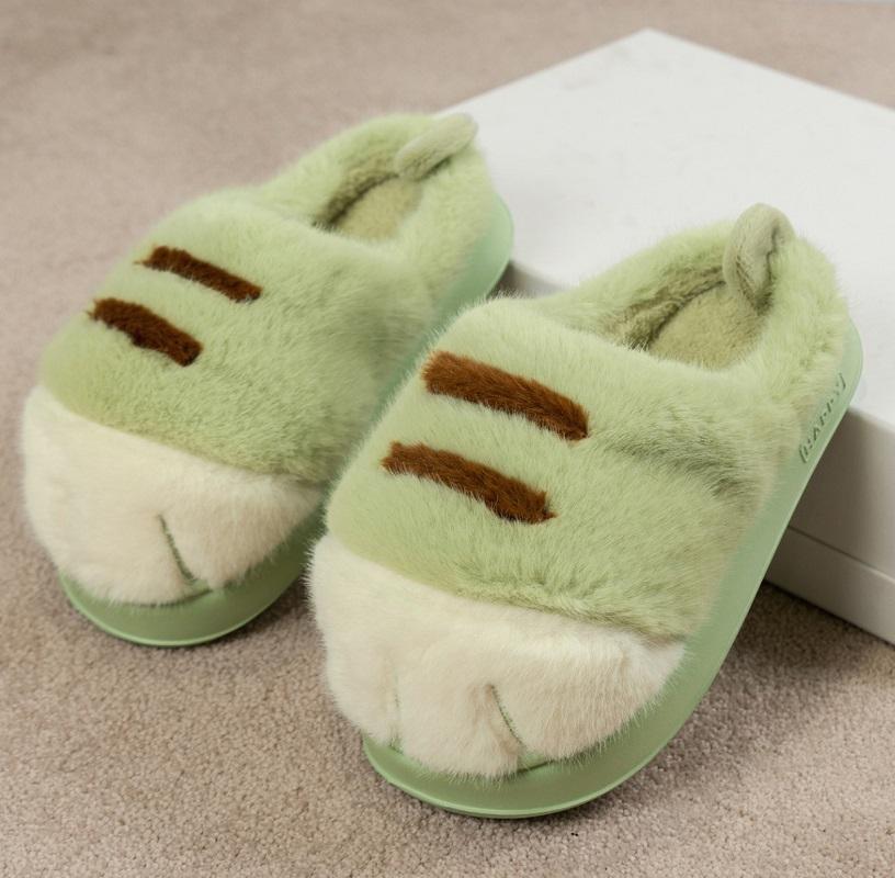 Новые пушистые уютные тапочки-котики женские милые лапки котенка зимняя обувь тапочки из искусственного меха женские стильные животные котенок коготь домашняя обувь