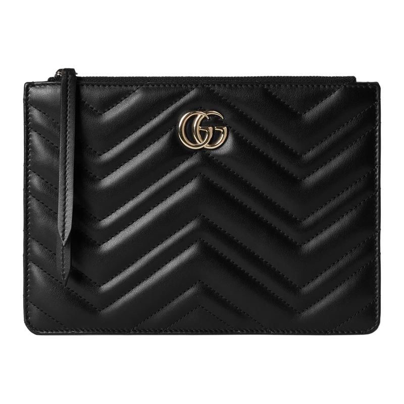 Gucci GG Marmont Light Gold Hardware Zipper Closure Leather Clutch Small Women's Black