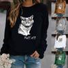 Женская мода для отдыха с принтом кота с длинным рукавом и круглым вырезом, повседневные свободные топы