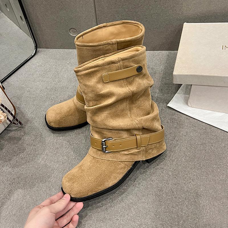 Ретро квадратный носок плиссированная манжета толстая подошва штабелируемые ботинки 2025 осень и зима двубортная пряжка ремень толстый каблук короткая голень ботинки Мартин