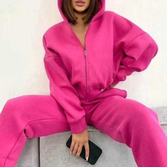 2 шт./компл. женское пальто и брюки комплект свободная молния эластичная талия с капюшоном сплошной цвет теплые флисовые эластичные манжеты