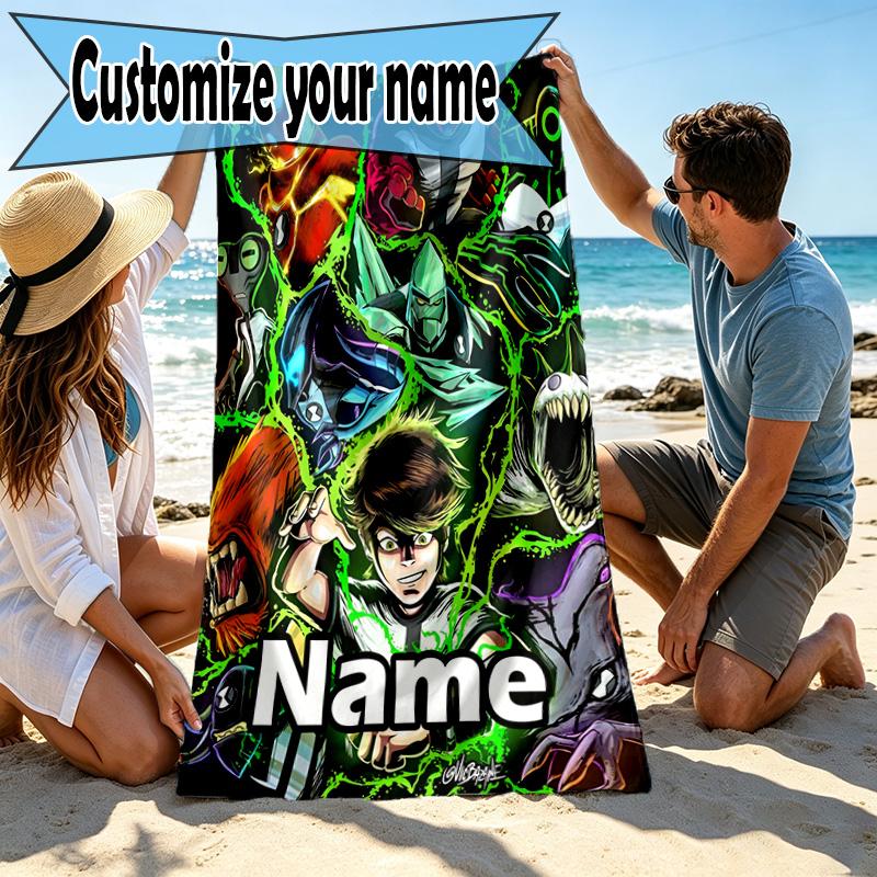 Custom Name Personalized Ben 10 Cartoon Print Beach Towel, for Trip Camping Beach Party Home Decor, Birthday Gift for Family & Friends