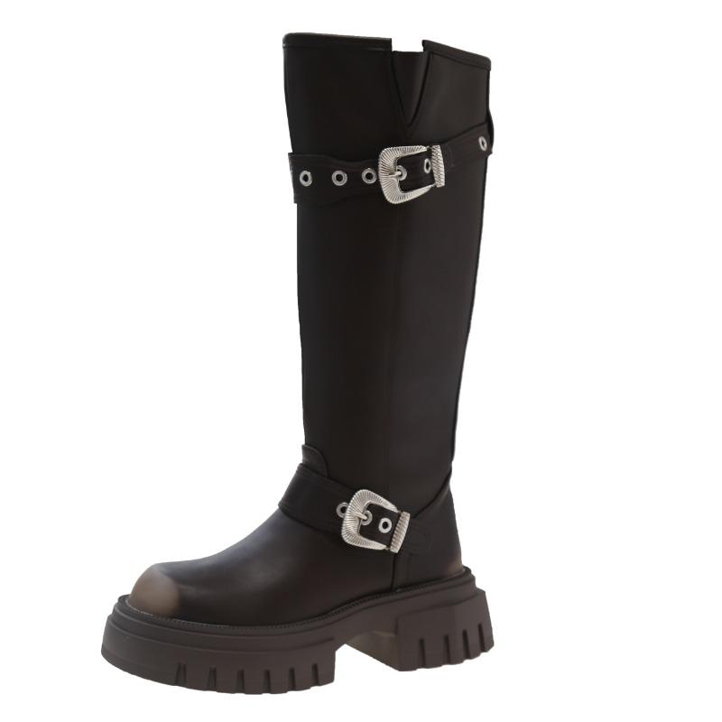 Модная обувь для женщин 2024 Бренд Пряжка-ремень Женские сапоги Модная металлическая отделка Современные сапоги Женские Новые Круглый носок Платформа До середины икры