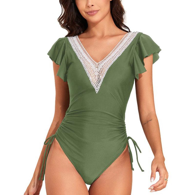 One Piece Bathing Suit For Women Deep V Neck Ruffles One Piece Bikini Backless Swimming Suit