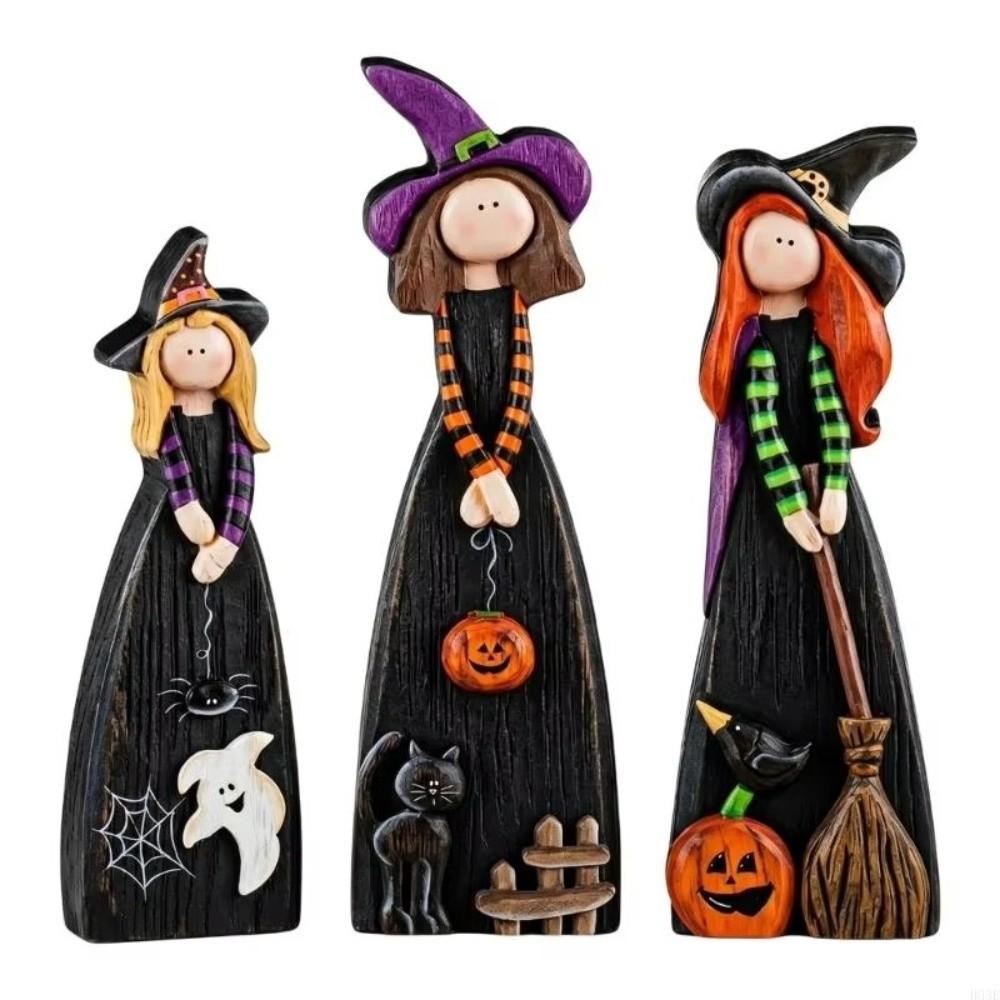 2D Design Halloween Witch Figurine Wooden Material Halloween Witch Ornament Holiday Decoration