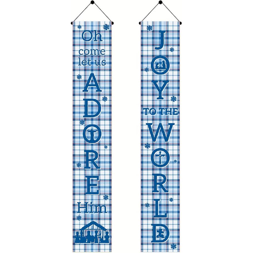 Joy To The World Door Banner 71 X 12 Inch Red Black Plaid Vertical Hanging Porch Decoration Front Door Hanging Sign Holiday Party Entryway Fireplace