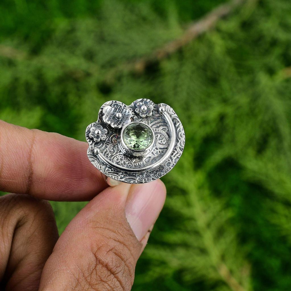 Natural Green Amethyst Sterling Silver Promise Flower Bezel Sister Ring Jewelry
