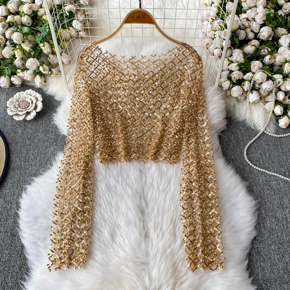 Long Iny Round Sve Sequin Ne Ort Tirt Womens Slim Fit Sli Korean Sle Commute Pure Color Summer Top