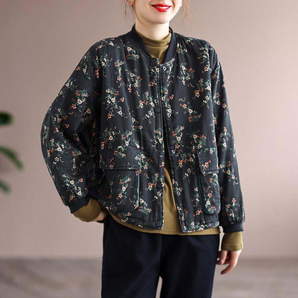 Johnature Women Vintage Stand Loose Print Floral Jacket Long Sleeve Padded Coats Winter Chinese Style Coat