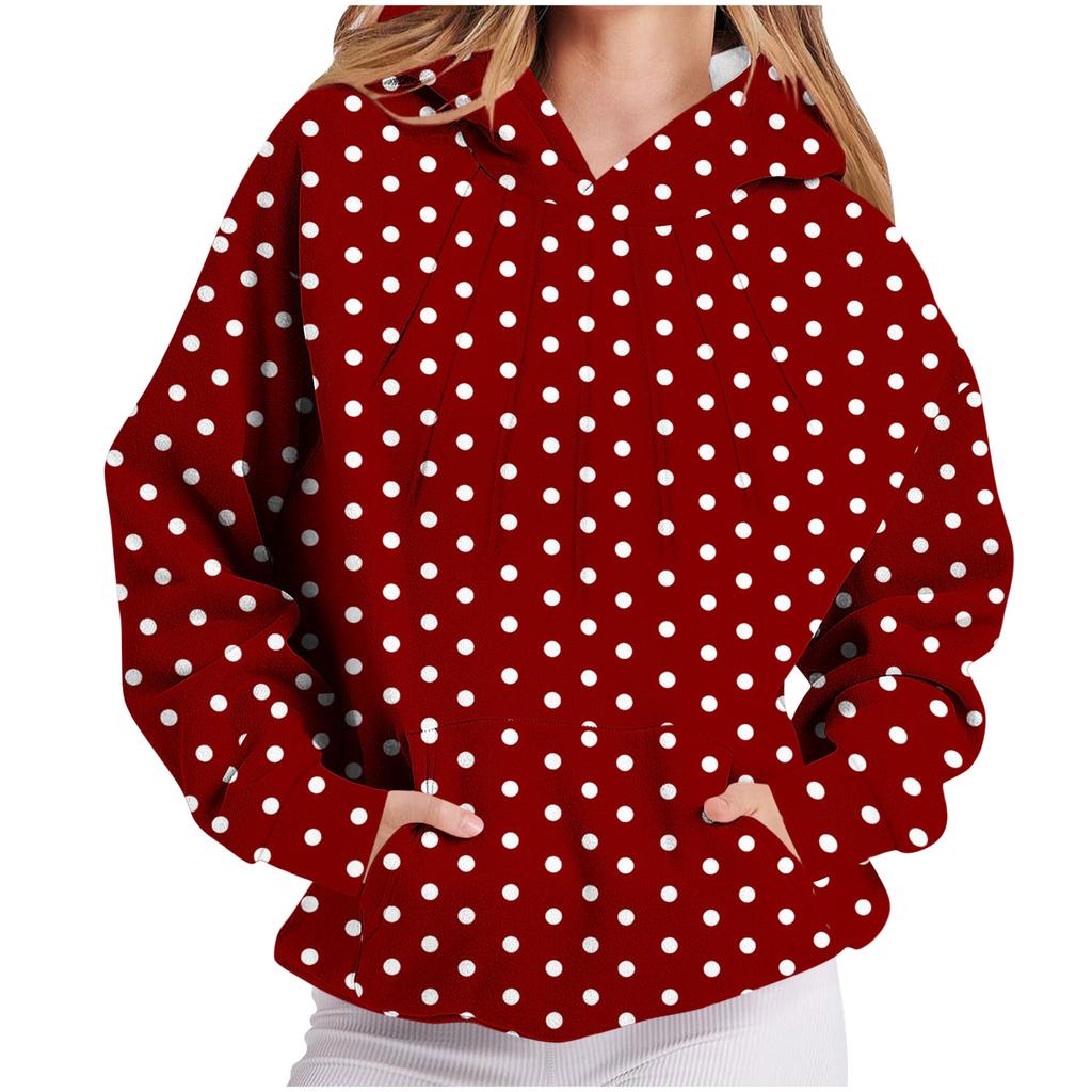 Women's Pleated Polka Dot Long Sleeve Hooded Sweatshirt