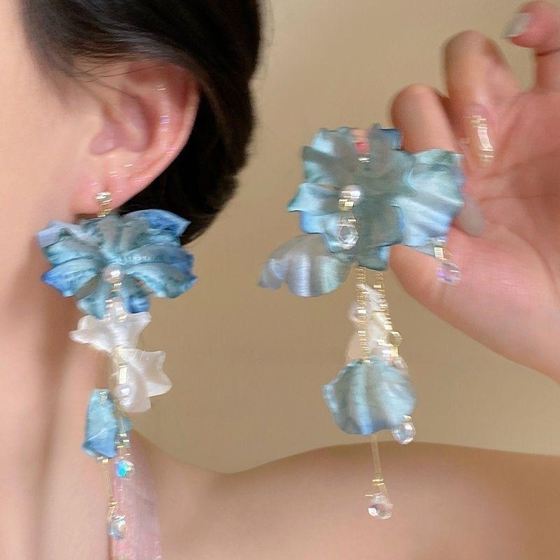 Spring Summer Super Fairy Blue Flower Exaggerated Fringed Earrings Women Unique Beautiful Seaside Vacation Style Daily Ear Jewelry