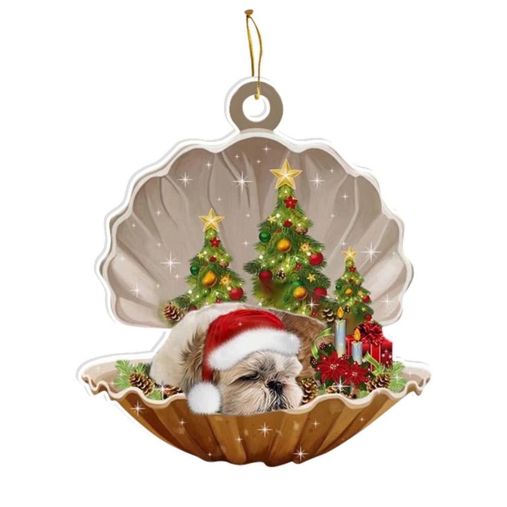 Decorative Shell Sleeping Dog Christmas Ornament 2D Xmas Dog Keychain Christmas