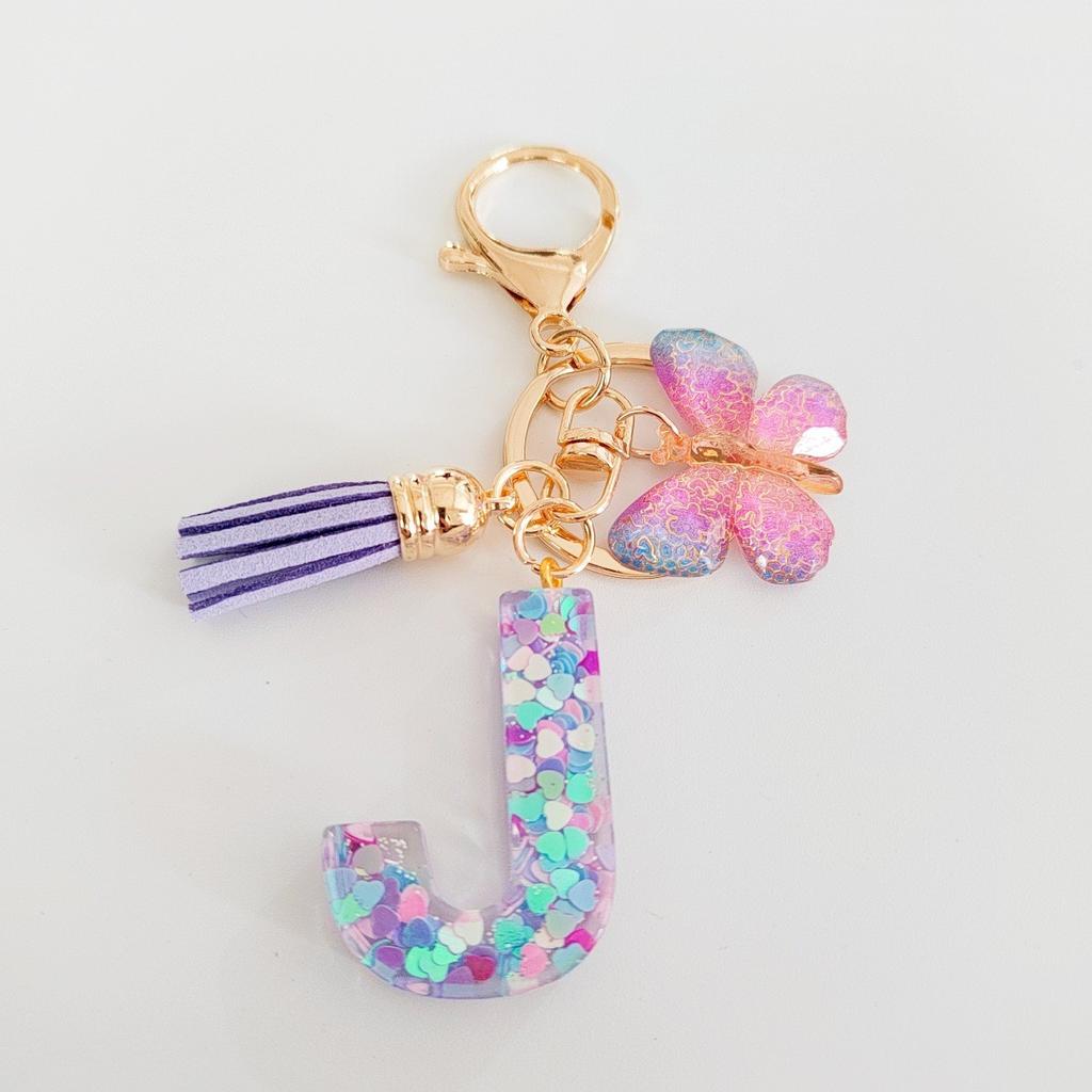 Fashion butterfly fringe initial keychain Drop glue Blend sequin A-Z26 letter keychain Cute Ladies Student Bag Accessory Gift
