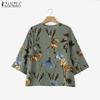 ZANZEA Women Casual Round Neck 3/4 Sleeve Loose Print Blouse