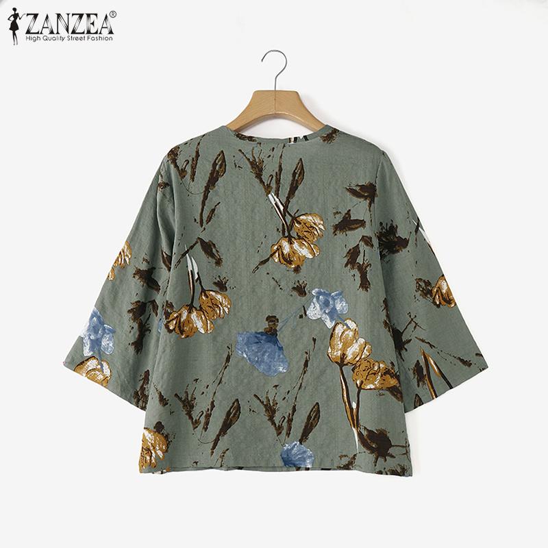ZANZEA Women Casual Round Neck 3/4 Sleeve Loose Print Blouse
