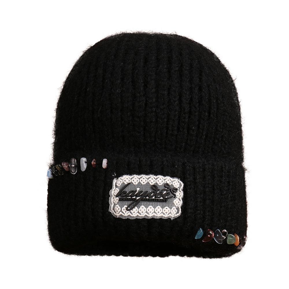 Stylish solid color simple warm colored stone embellished knitted hat outdoor travel versatile windproof casual wool hat