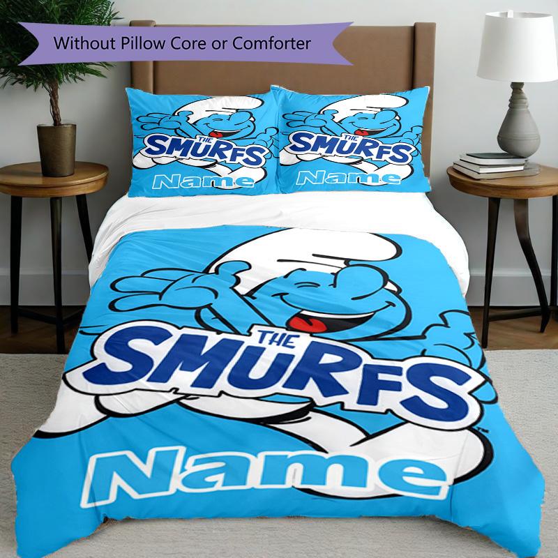 3pcs Duvet Cover Set (1*Duvet Cover + 2*Pillowcase, Without Core), Custom Name Blue Smurfs Pattern Bedding Set, Home Bedroom Decor Gift