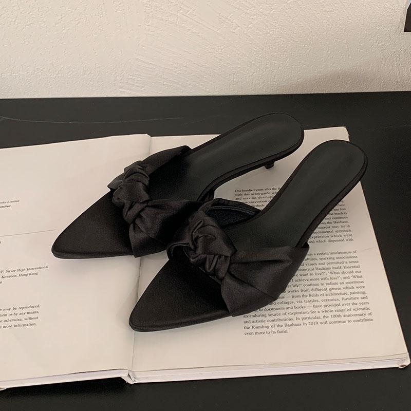 Fashion Fashion Pointed Toe Women Low Heel Slippers Summer Female Slides Sandals Butterfly-Knot Ladies Heeled Slippers Shoes Pumps
