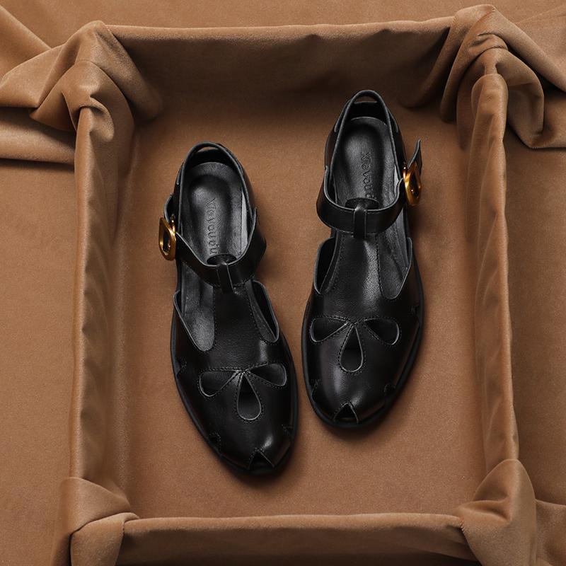 Модные летние женские сандалии 2025 Искусственная кожа Повседневные Удобные Уличные Модные Ретро Римские сандалии С перфорацией Британские сандалии