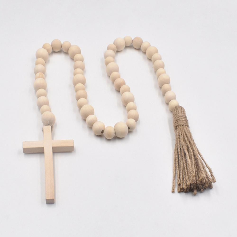 Wood Bead Garland with Tassels Farmhouse Beads Religious Wood Bead