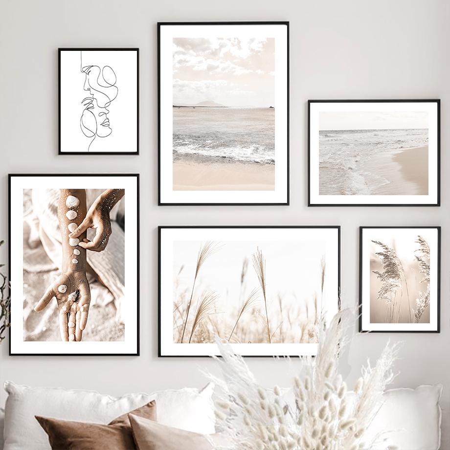 Пляжная тростниковая ракушка, цветочная линия, обнаженная девушка, плакаты на скандинавскую тему и принты, настенная живопись на холсте, настенные панно для декора гостиной
