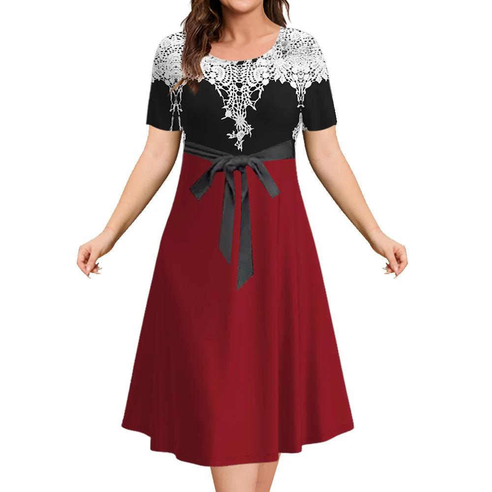 Летние платья для женщин Лоскутные принты Клетчатая одежда Столкновение цветов Вечернее платье Простой короткий рукав пуловер А-силуэт юбка