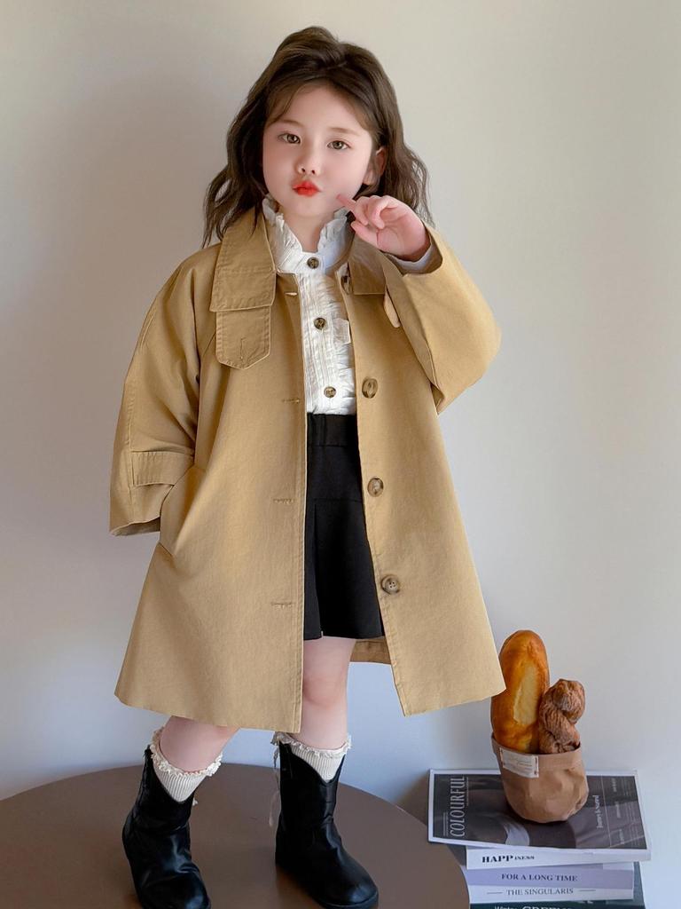 Повседневный тренч средней длины для девочек - Весенне-осенний корейский стиль с воротником с лацканами однотонный