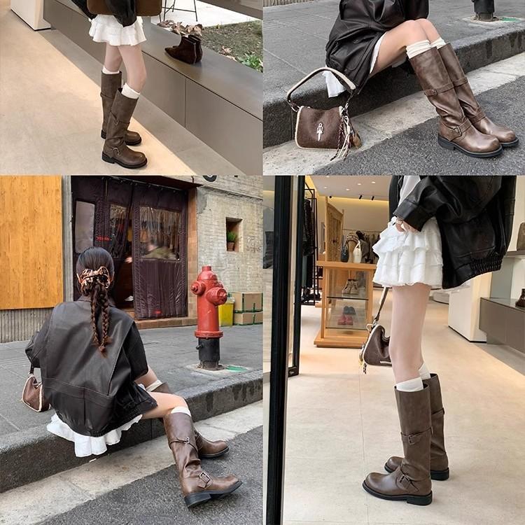 Версия из коровьей кожи~ Вельветовые ретро сапоги с двойной пряжкой в стиле Дюны 2025 новые средней и высокой длины, женские ковбойские сапоги, зимние