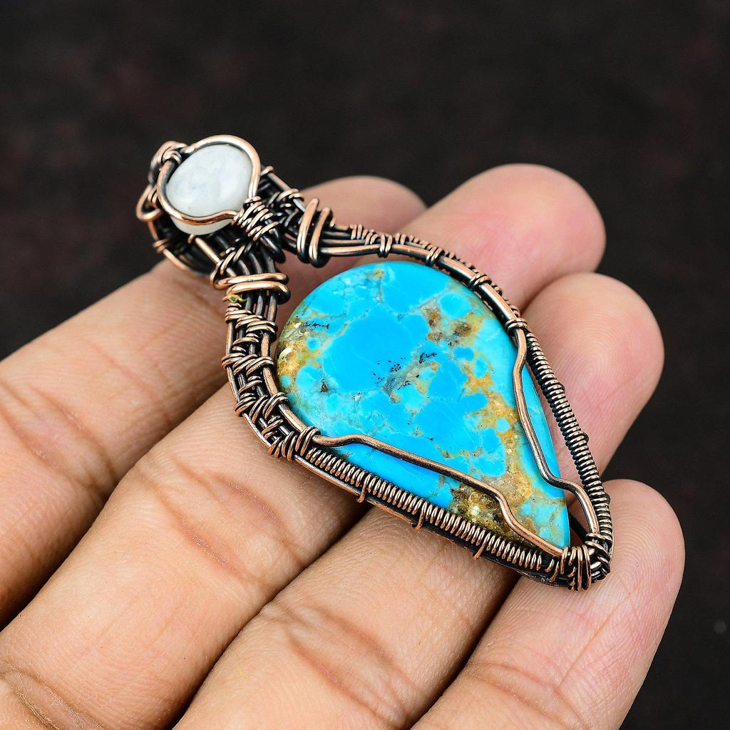 Arizona Turquoise Copper Pendant Copper Wire Wrapped Jewelry Gemstone Wire Jewelry Rainbow Moonstone Jewelry Designer Pendant Gift For Her