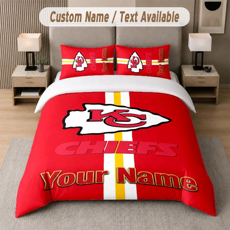 Custom Bedding Set Kansas City Chiefs Pattern, Print Name Text 1 Duvet Cover plus 2 Pillowcases Home Textile