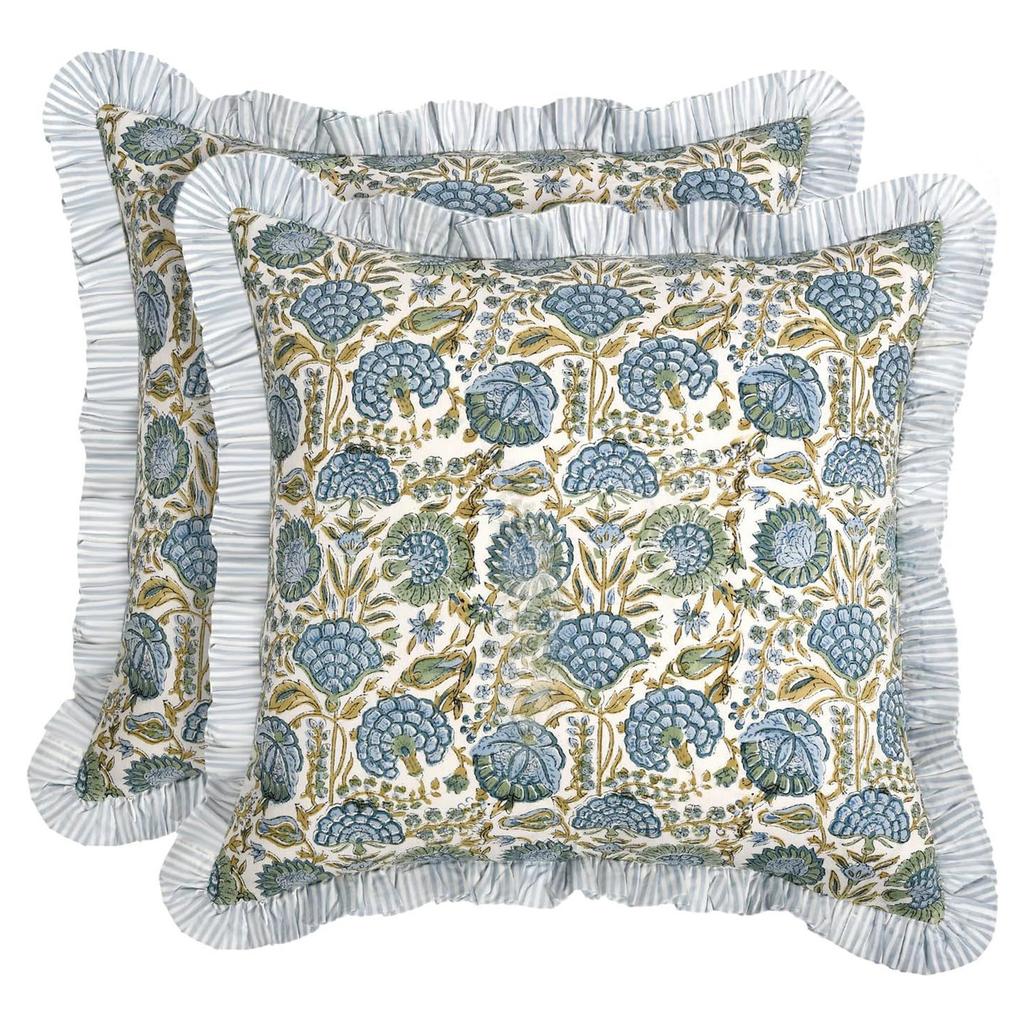 2 Piece Romantic Floral Print Pillow Covers With Ruffled Trim Soft Polyester Square Cushion Case for Living Room Bedroom