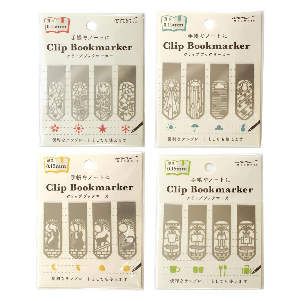 Midori Bookmark Clip Weather Pattern A - Stainless Steel Etched Thin Clip Bookmarks Set of 4, Sun Rain Cloud Snow Icons, Doubles as Stencil - 43405006