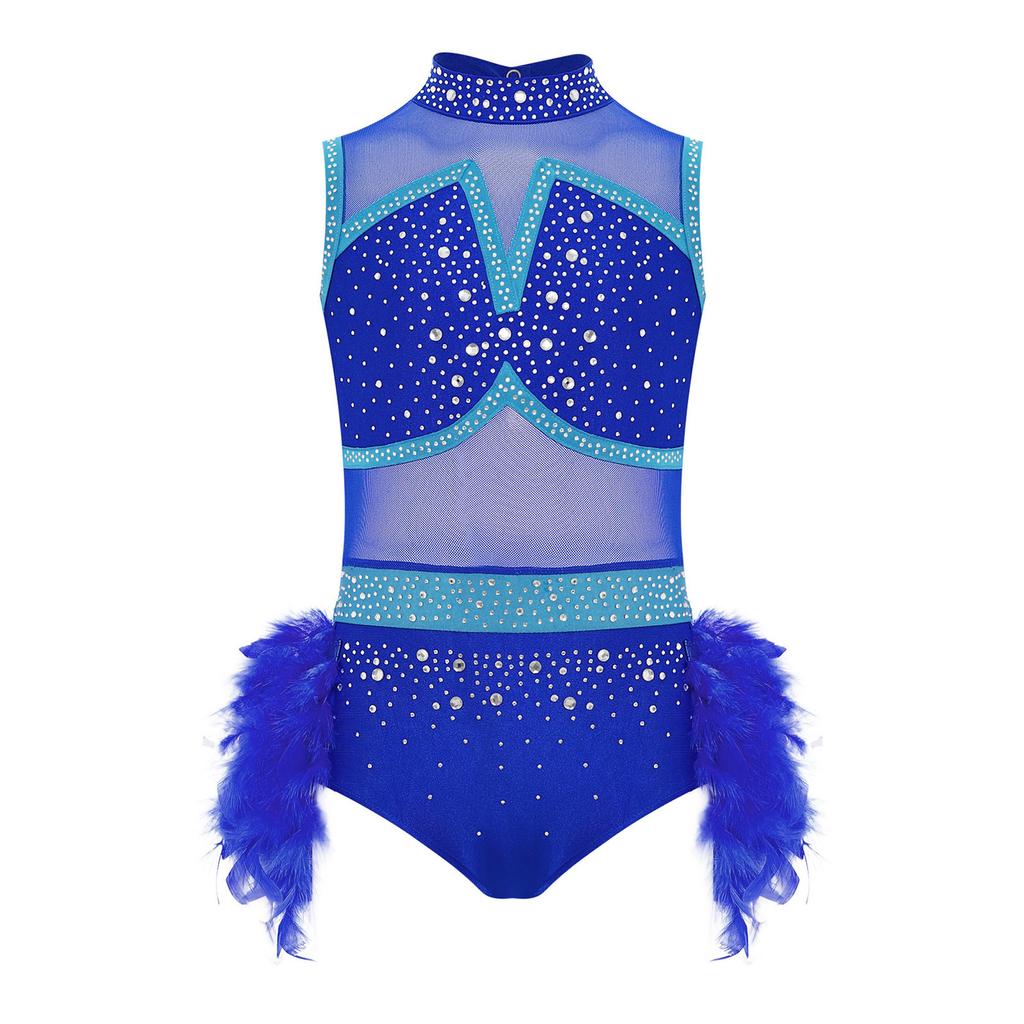 Girls Jazz Latin Dance Costume Shiny Rhinestones Color Block Leotard with Feather Skirt Sleeveless Cutout Back
