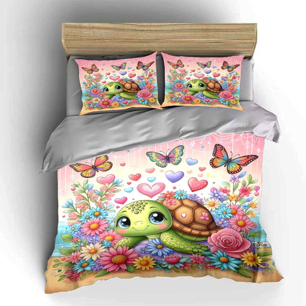 Turtle, butterflies, flowers, hearts. Bedding sets Duvet cover sets Duvet covers Pillowcases(1 * Duvet Cover 2 * Pillowcases without duvet insert)