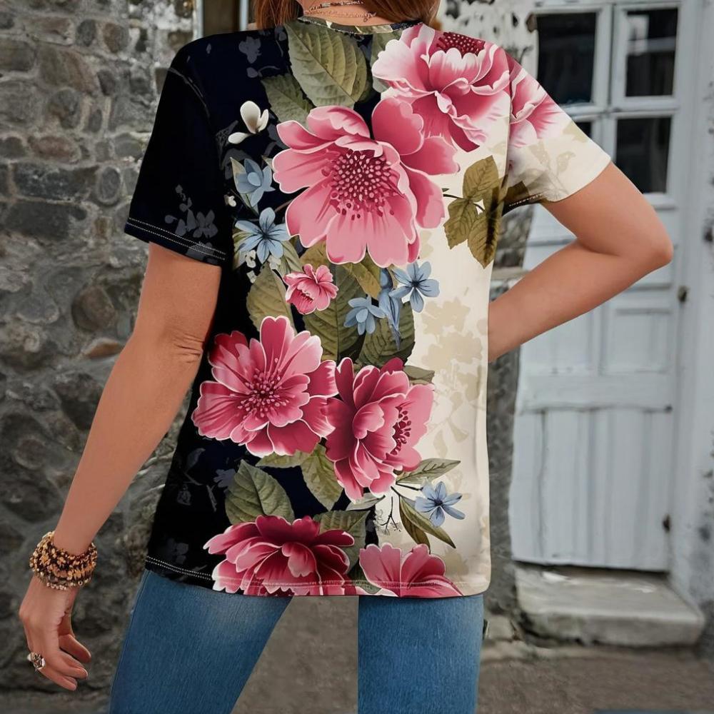 Fashion Splicing Color Women's T-Shirt Summer V-Neck Short Sleeved Tops 3d Floral Pattern Casual Clothing For Woman
