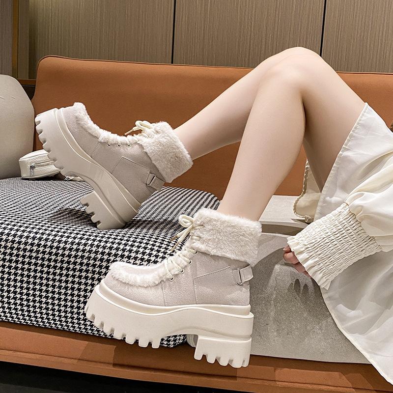 Women's Soft Lace-up Elastic Winter Warm Cold Padded Snow Boots Thick Bottom Non-slip Wear-resistant Outdoor Leisure Sports Fur Cotton Boots