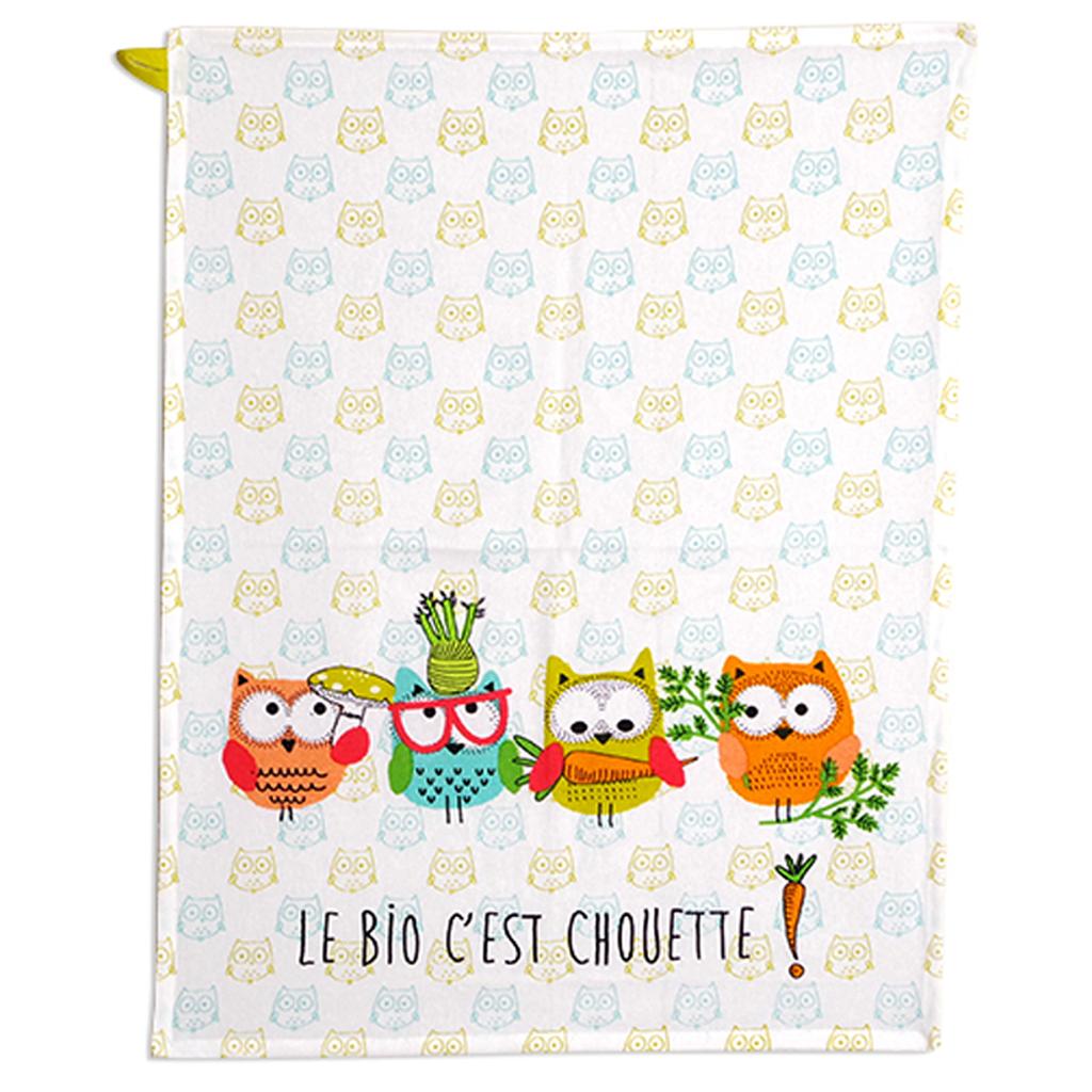 Les Trésors De Lily [A2434] - Multicolored White 'Chouettes' Cotton Tea Towel (organic Is Great! ) - 60x45cm