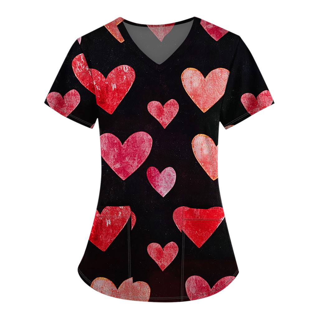 Женский модный комбинезон с коротким рукавом и V-образным вырезом, с карманом, на День святого Валентина, с принтом, топы, одежда