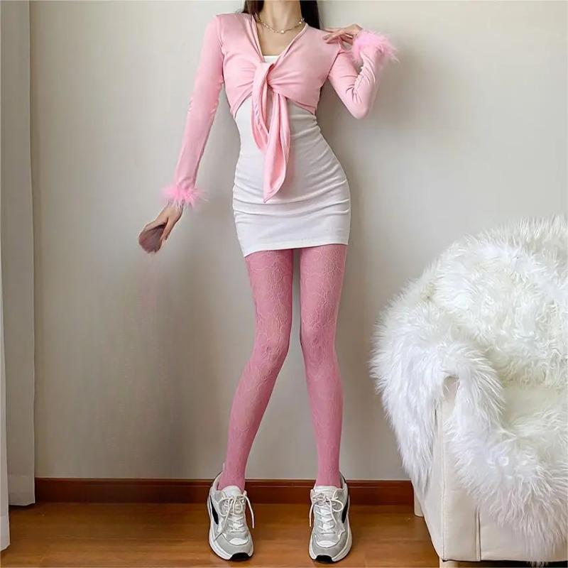 Flower Fishnet Stockings Thin Hollowed-out Lace Tights Red Black Blue Pink White Pantyhose