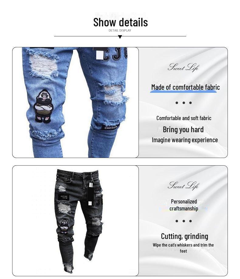 Европейские и американские модные хип-хоп рваные джинсы скинни с нашивками для мужчин