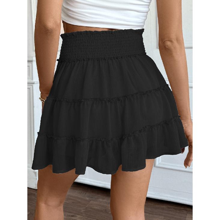 Women's Comfortable Casual Vacation Style Pleated Lotus Leaf Skirt Solid Color Elastic Waist Anti Glare Half Skirt for Women