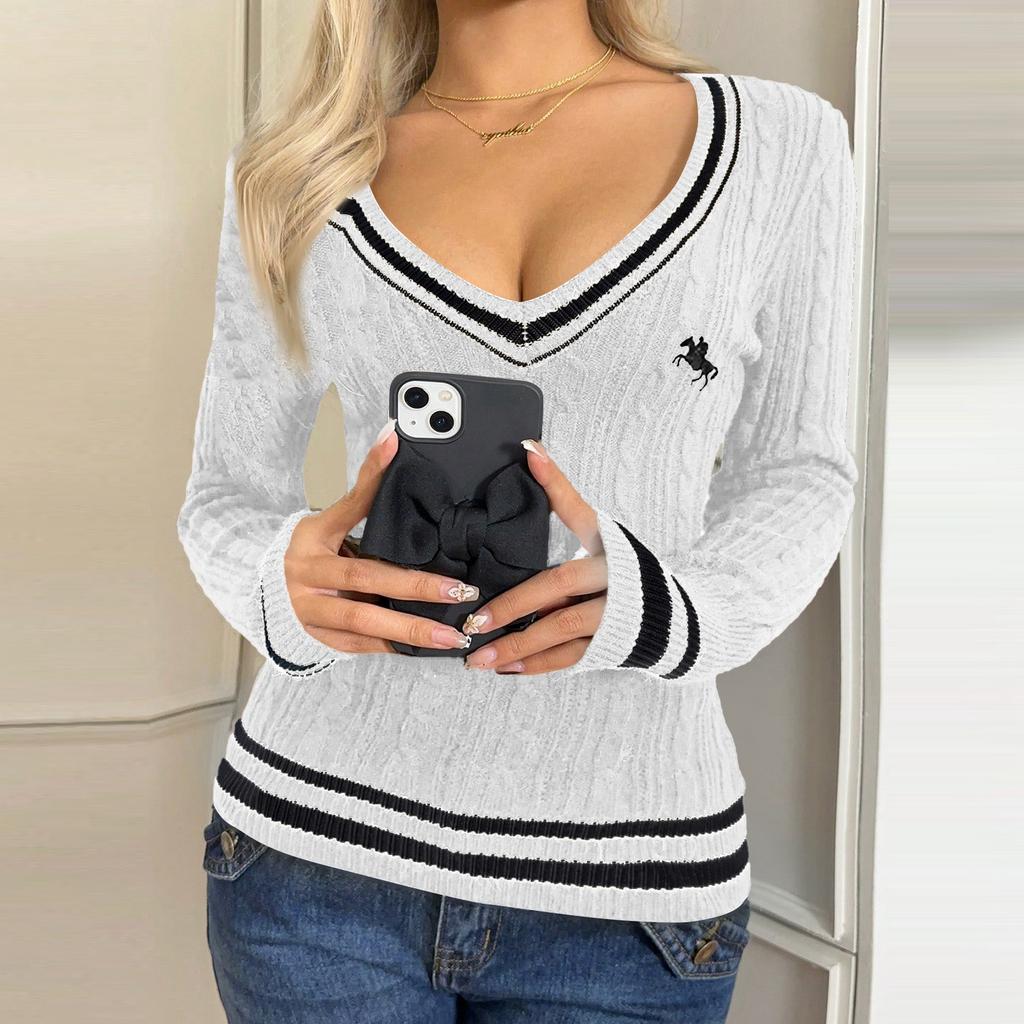 Women's Fashion V-Neck Solid Color Long Sleeve Sweater