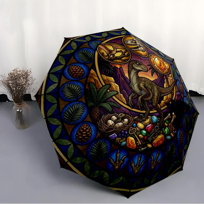 Dinosaur Glass Art pattern umbrella, portable and foldable design, 8 ribs, a casual accessory for Halloween, Christmas, and birthday gifts.