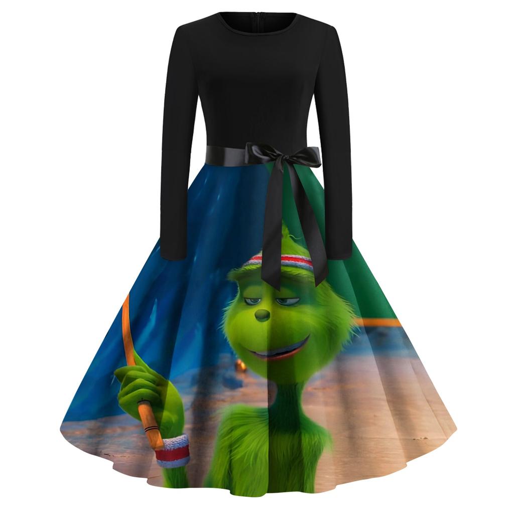 Женское модное повседневное платье с круглым вырезом и рождественским принтом и длинными рукавами