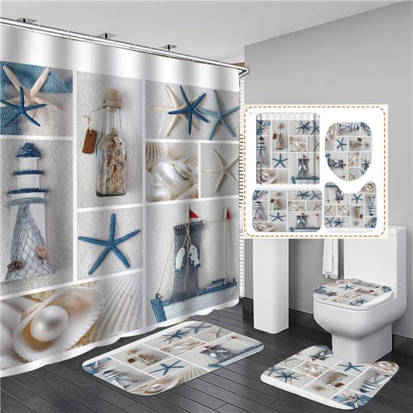 3D Beach Scenery Bathroom Bathing Waterproof Shower Curtain Home Entrance Doormat Bathtub 4Pcs Set Toilet Seat Cover Rugs Bath Non-Slip Floor Mat