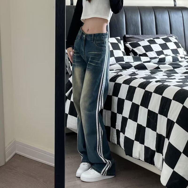 Женские джинсы широкого кроя с тремя полосками и потертостями – весенний американский уличный стиль, свободный крой, стираные, повседневные брюки.