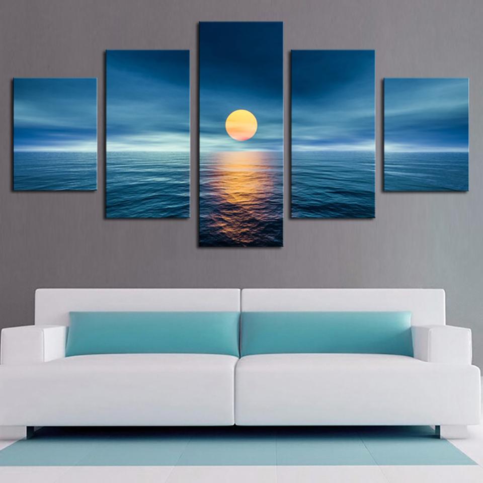 Canvas HD Print Painting Modular Pictures Art Poster 5 Panel Sea Full Moon Landscape Wall Modern Home Decor Living Room
