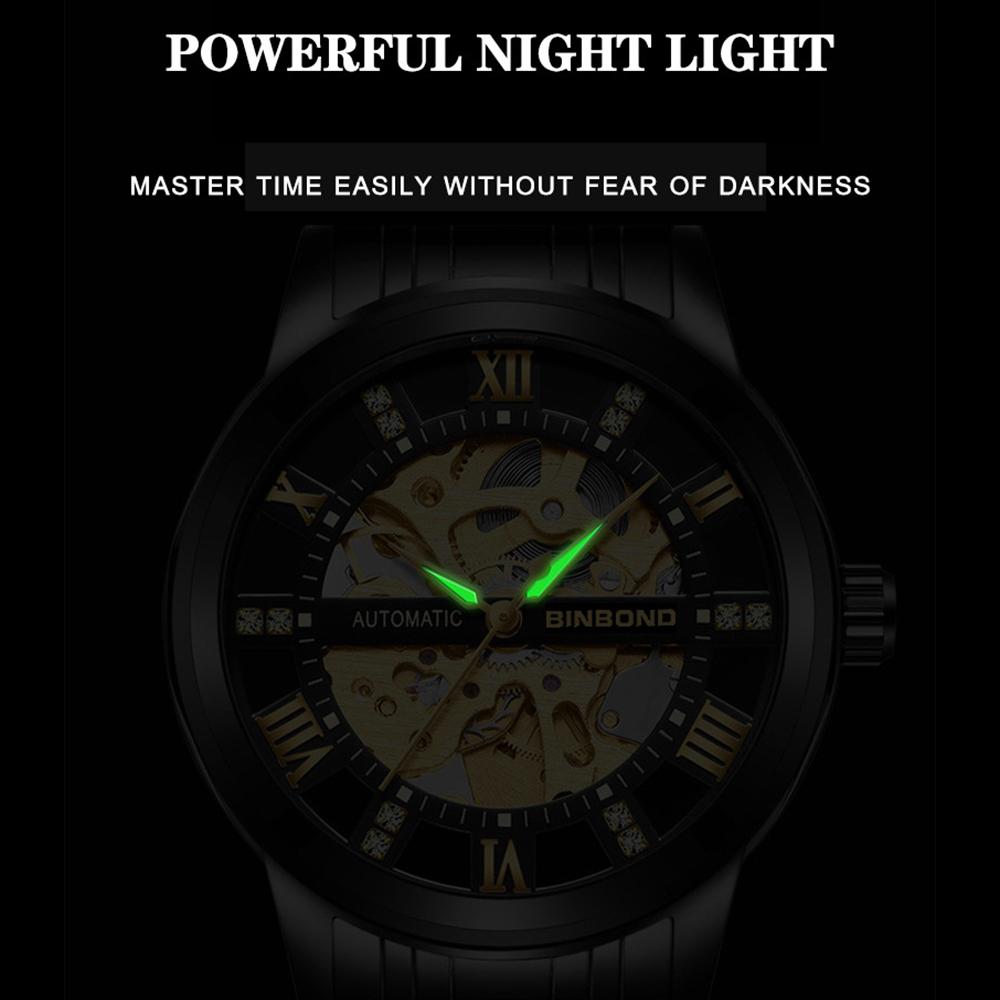 Автоматические механические мужские часы-скелетоны из полой нержавеющей стали с подсветкой, водонепроницаемые наручные часы Relogio Masculino