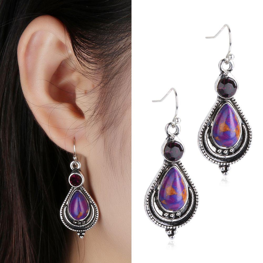 1Pair Women Fashion Jewelry Crystal Hook Purple Turquoise Earrings 925 Silver Dangle