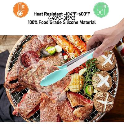 Силиконовые щипцы с нескользящей ручкой для приготовления пищи, сервировочные щипцы из стали 430 для кухни, салата, пасты, гриля, барбекю, наконечник с термостойкостью, сильный захват для мяса, небесно-голубые